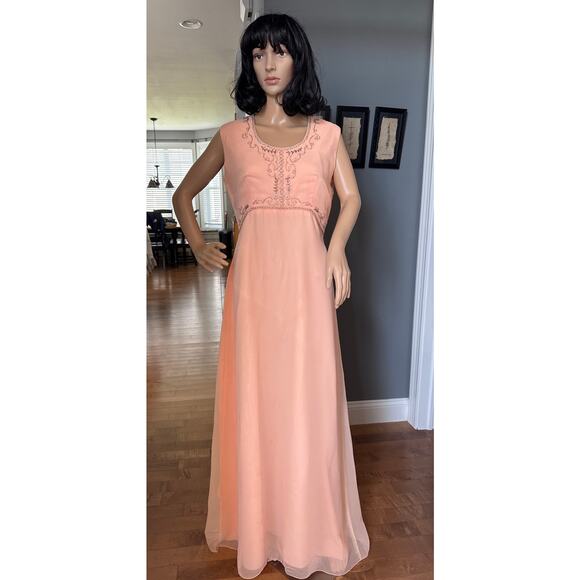 Vintage 1960s Elgin Peach Chiffon Dress & Sheer Overlay Set medium - Picture 4 of 17